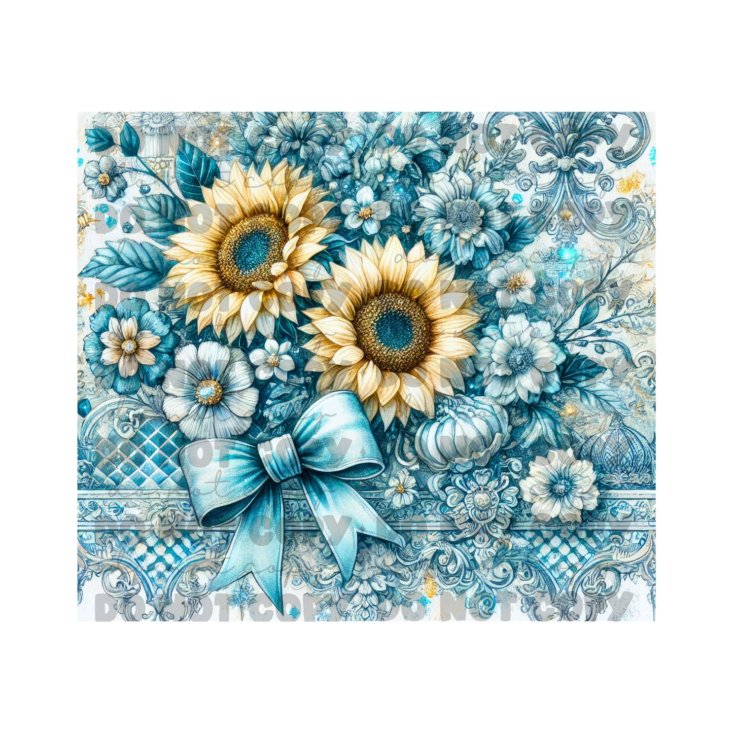 Blue Bow Sunflowers Toile Tumbler Sublimation Transfer