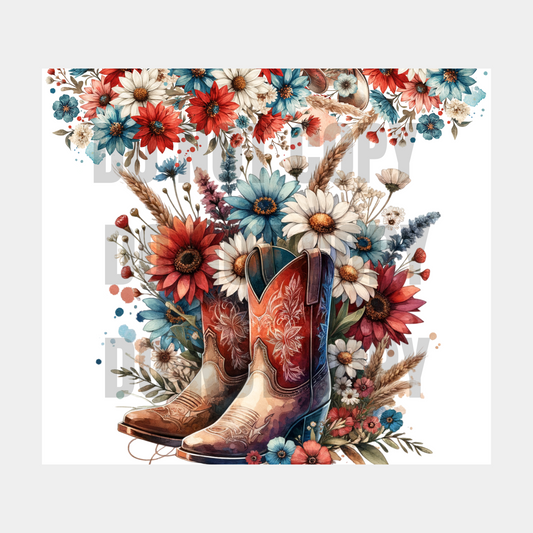 Red Blue Floral Boots Sublimation Tumbler Transfer