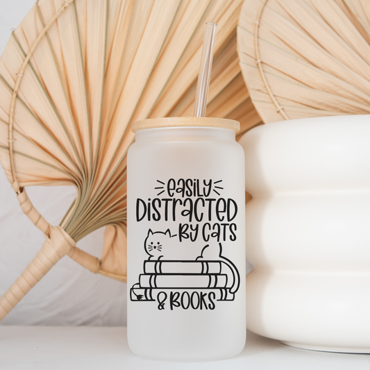 Easily Distracted By Cats & Books Glass Cup