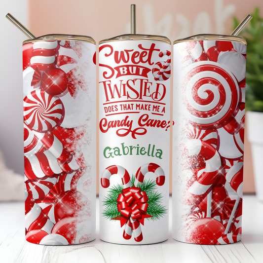 sweet but twisted candy cane personalized christmas 20oz skinny tumbler