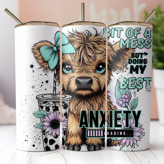 Anxiety Loading Highland Cow Tumbler- Teal