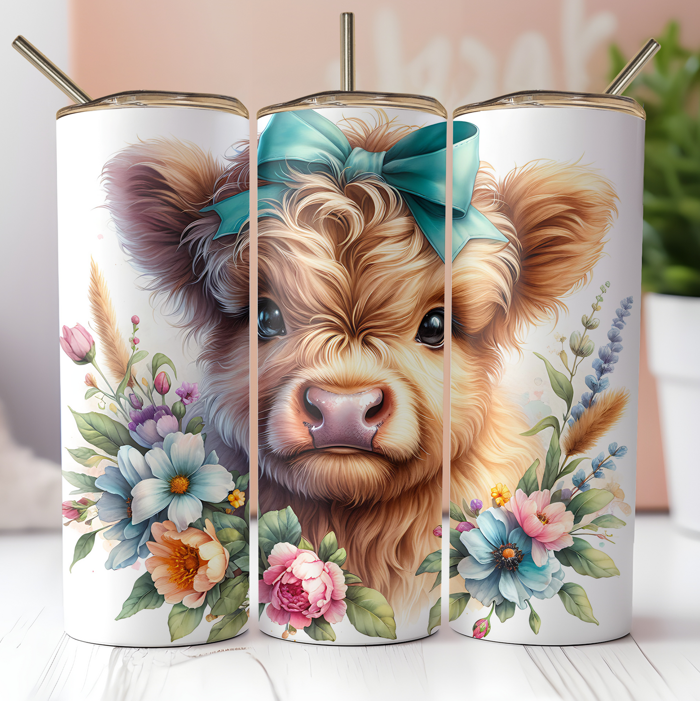 Floral Highland Cow Tumbler