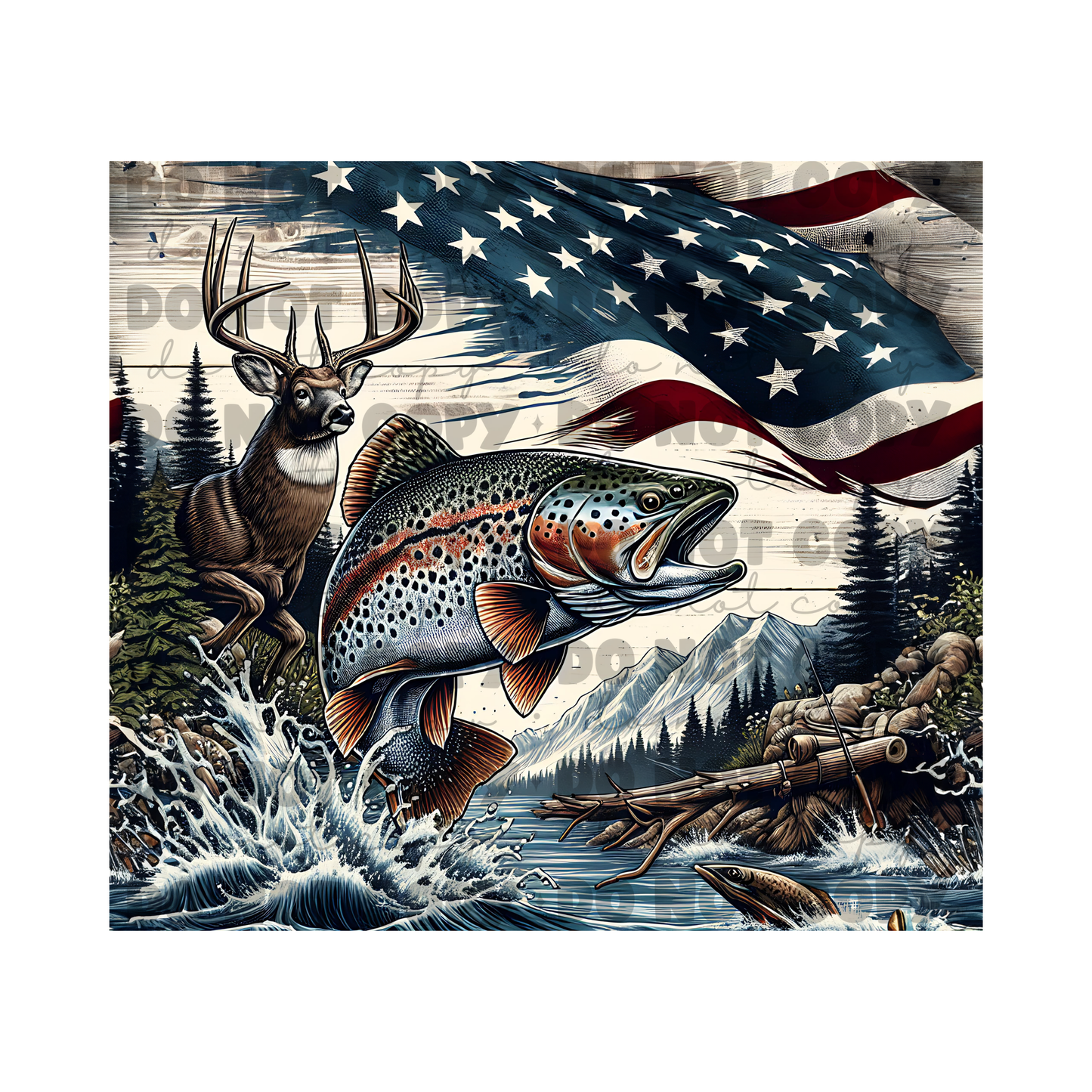 Patriotic Deer Fish Sublimation Tumbler Transfer