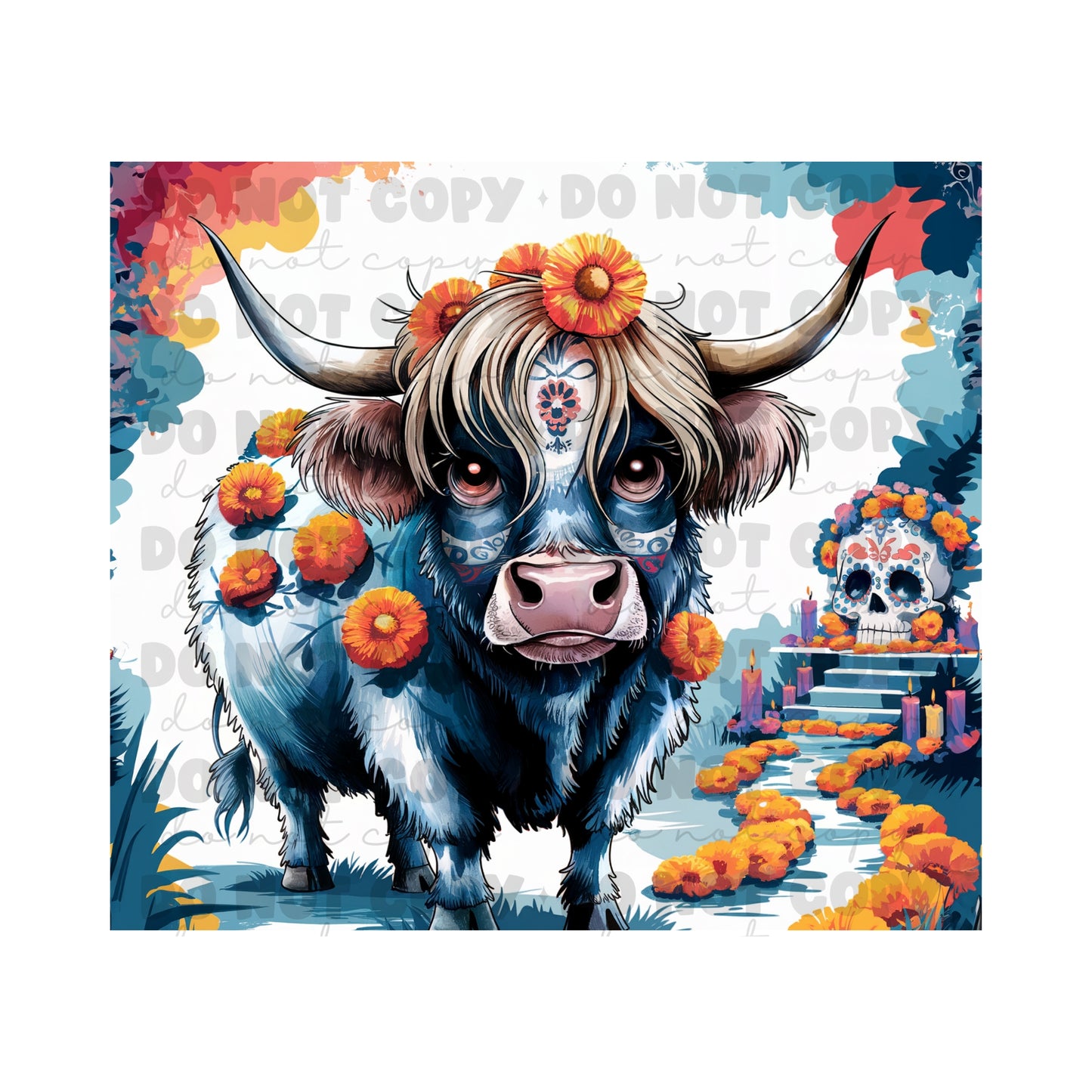 Sugar Skull Highland Cow Tumbler Sublimation Transfer