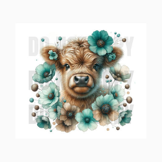 Teal Highland Cow Sublimation Tumbler Transfer