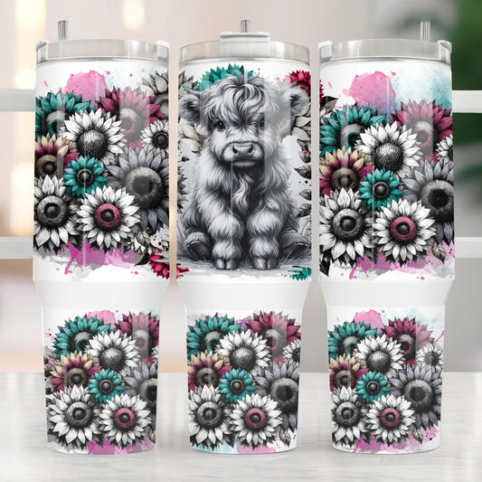 Grayscale Highland Cow 40oz Tumbler Sublimation Transfer ONLY